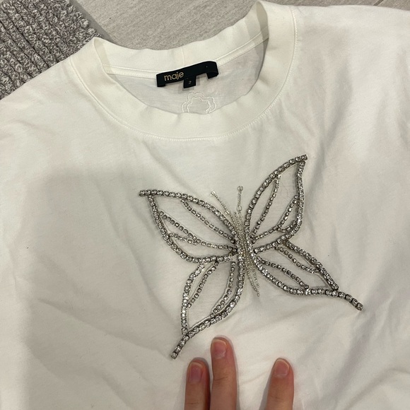 Maje rhinestone cotton t shirt white with embellishments size 2 medium - Picture 8 of 9